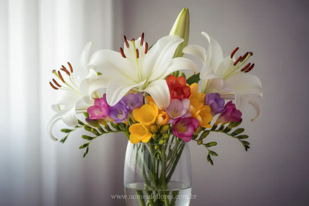 Arranjo floral elegante com lírios brancos e frésias coloridas