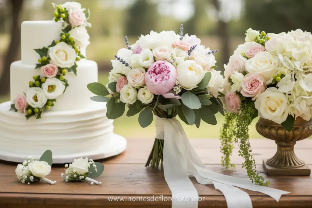 Buquê da noiva, lapelas e centros de mesa de casamento