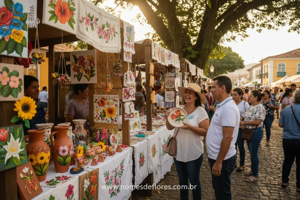 Artesanato floral colorido em feira de cidade.