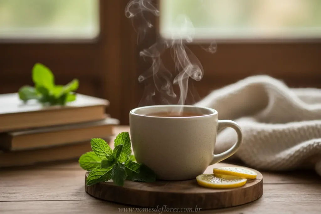 Preparo de chá de ervas naturais em caneca rústica.