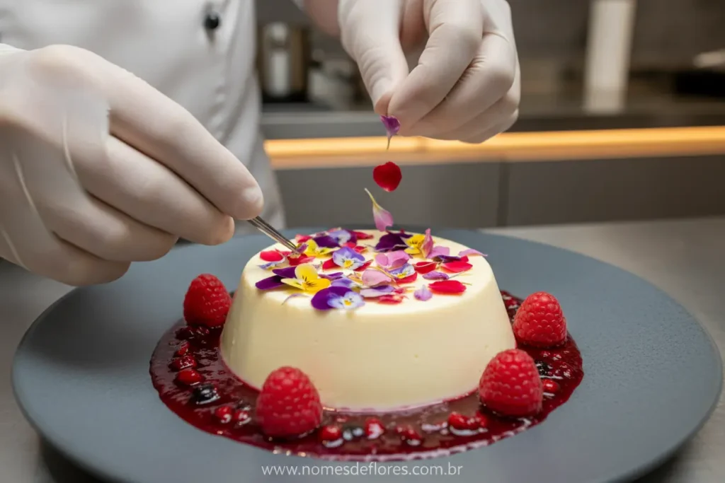 Chef decorando sobremesa com flores comestíveis delicadas.