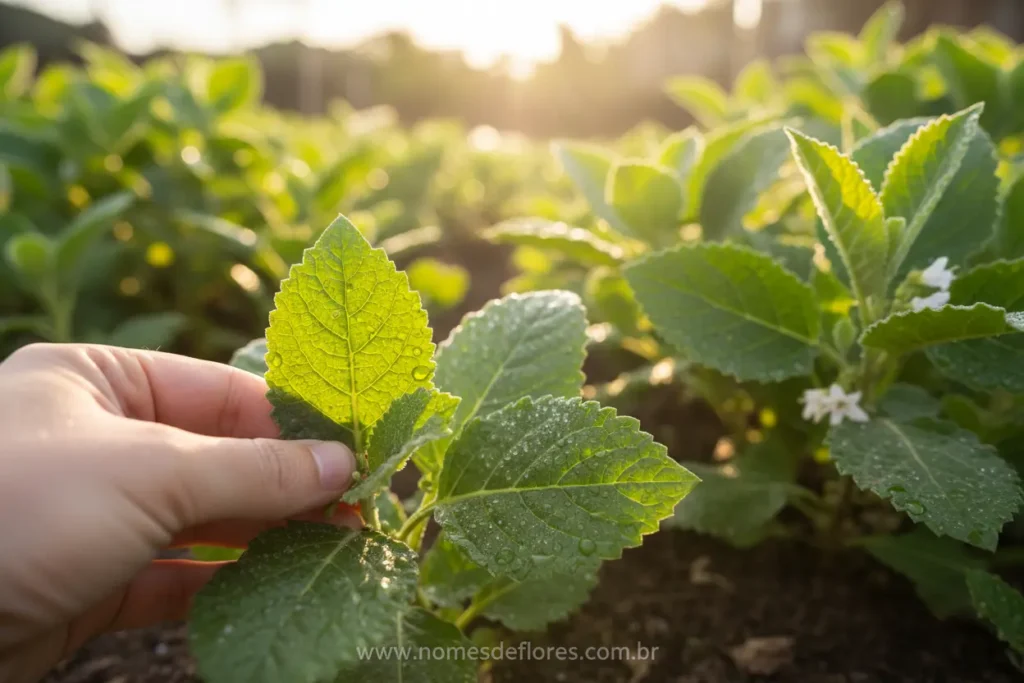 Colheita de boldo para remédios naturais no jardim.
