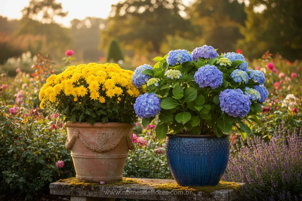 Crisântemo e Hortênsia flores para prosperidade e gratidão