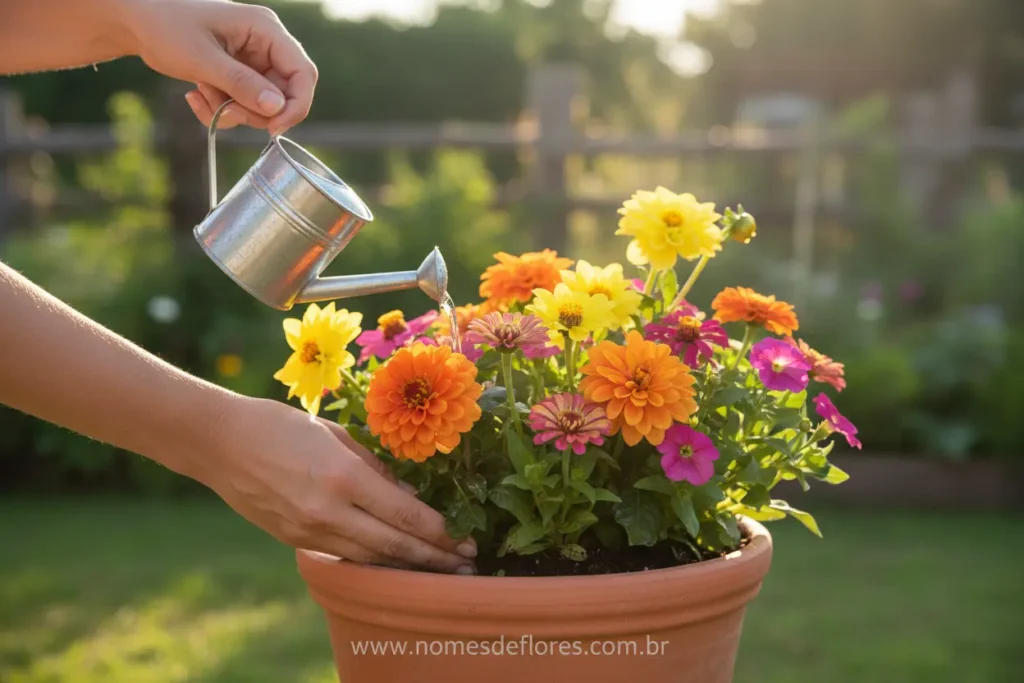 Pessoa regando plantas em vasos durante o calor do verão