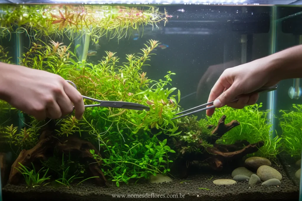 Rotina de cuidados e manutenção de plantas aquáticas.