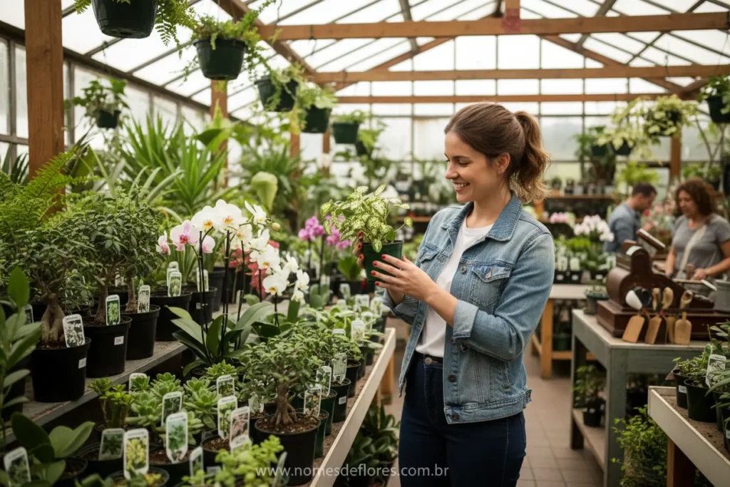 Pessoa em loja de jardinagem escolhendo plantas ornamentais