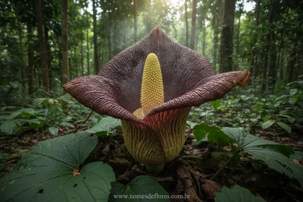 Flor-Cadáver (Amorphophallus titanum) em seu habitat asiático, uma das flores mais raras e grandes do mundo.