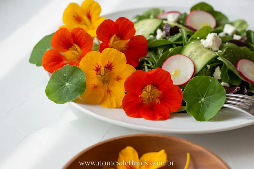 Capuchinha e outras flores comestíveis em salada colorida.