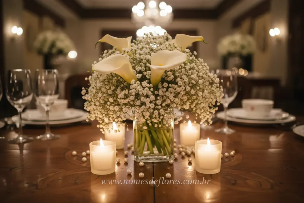 Arranjo de flores brancas para celebração de casamento.
