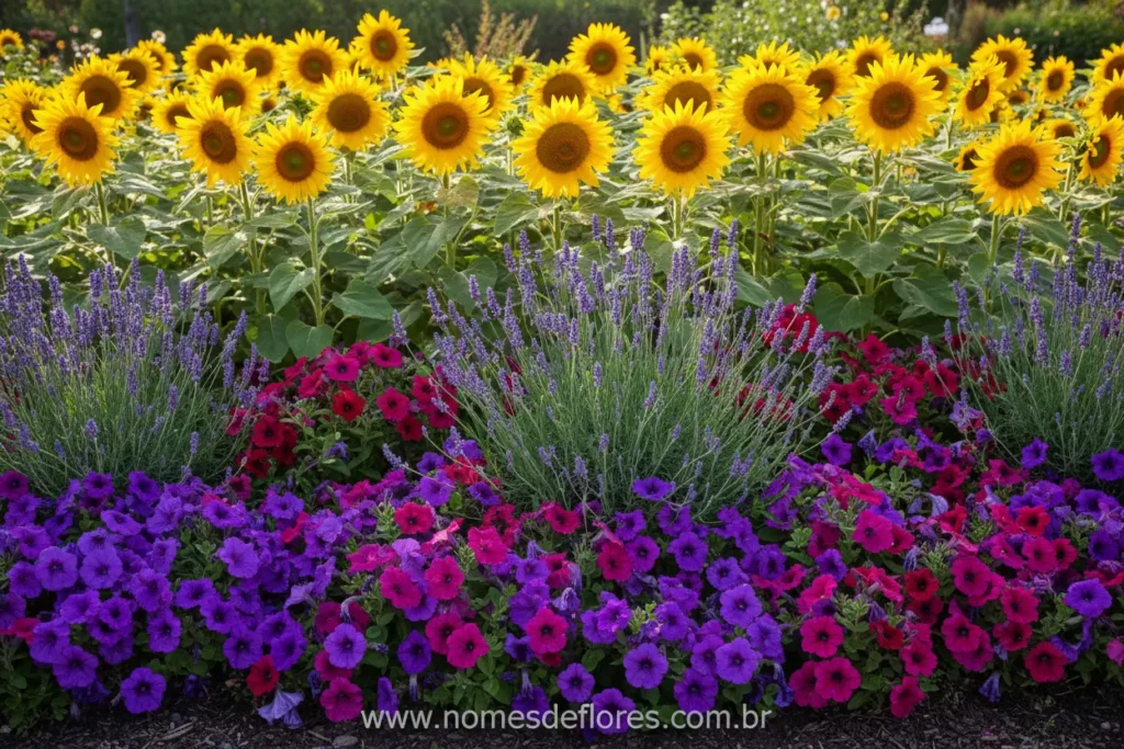 Flores vibrantes em um jardim sob sol intenso
