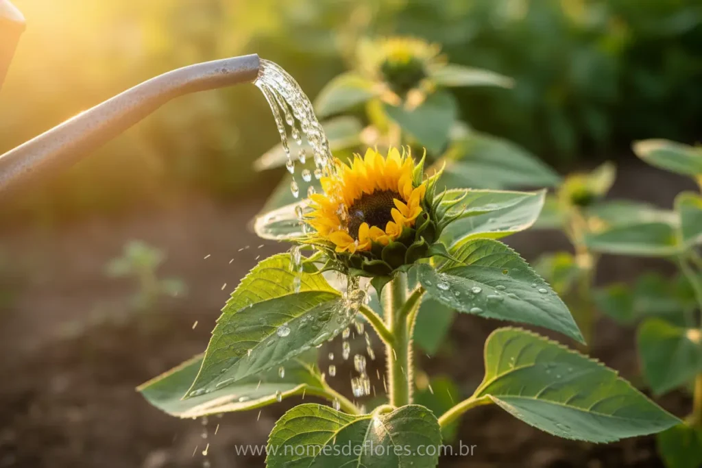 Girassol sendo regado e recebendo cuidados essenciais