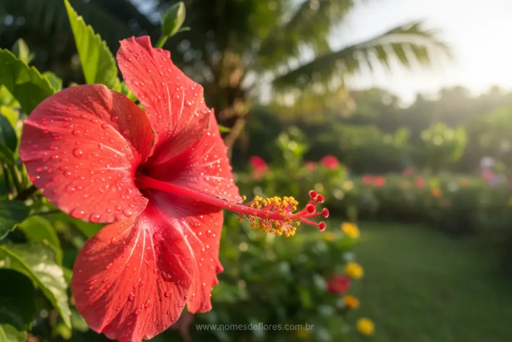 Hibisco vermelho tropical em pleno florescimento no verão