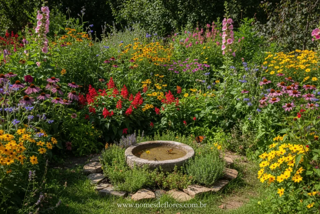 Jardim vibrante com diversas flores atraindo polinizadores