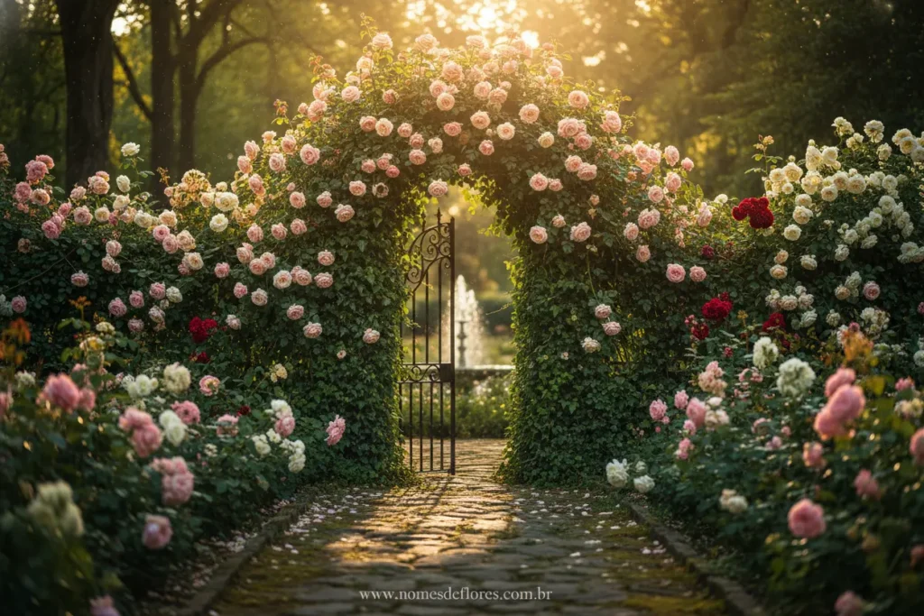 Portão de ferro antigo leva a um jardim secreto.