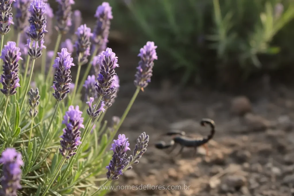 Lavanda repelindo escorpião com seu aroma forte.