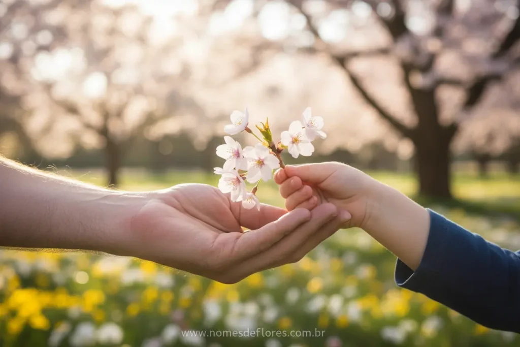 Mãos segurando flor, simbolizando escolha de nome.