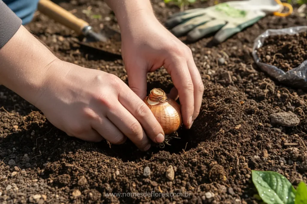 Plantio de bulbo de Narciso em solo bem drenado.