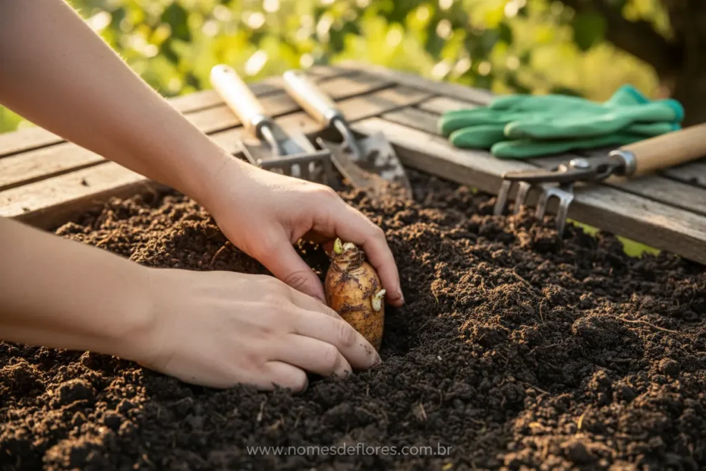 Preparo do solo para plantio dos tubérculos de dália.