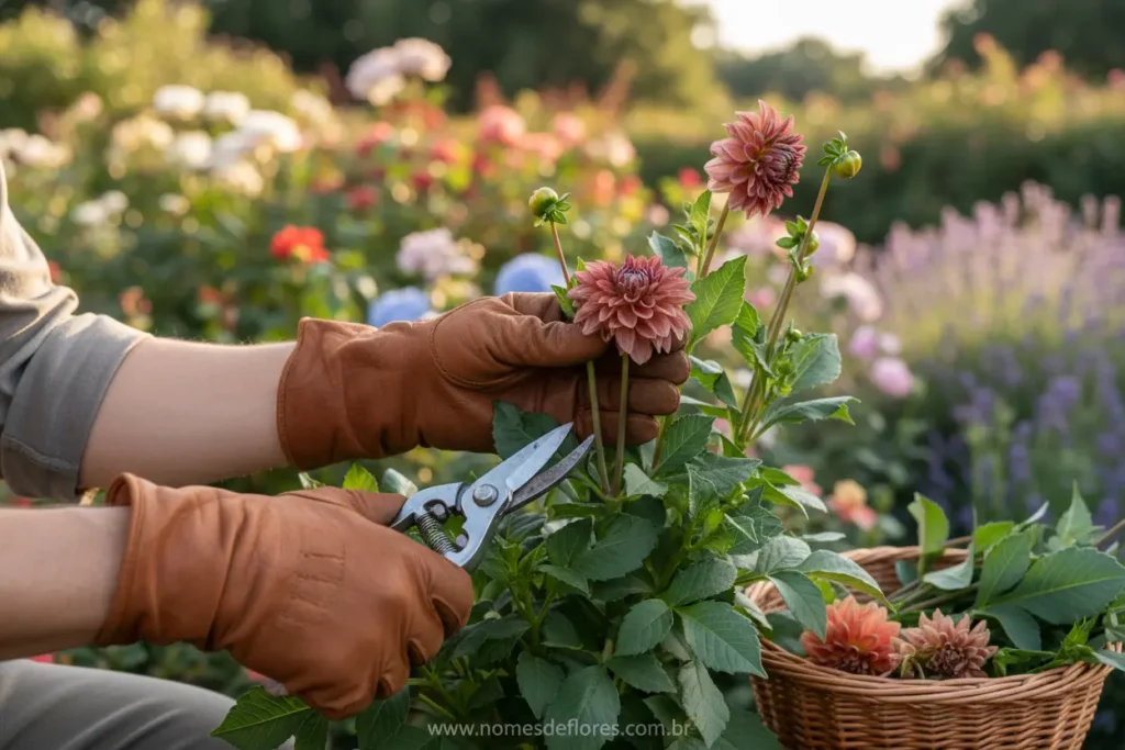 Jardineiro podando e cuidando de uma dália vibrante.