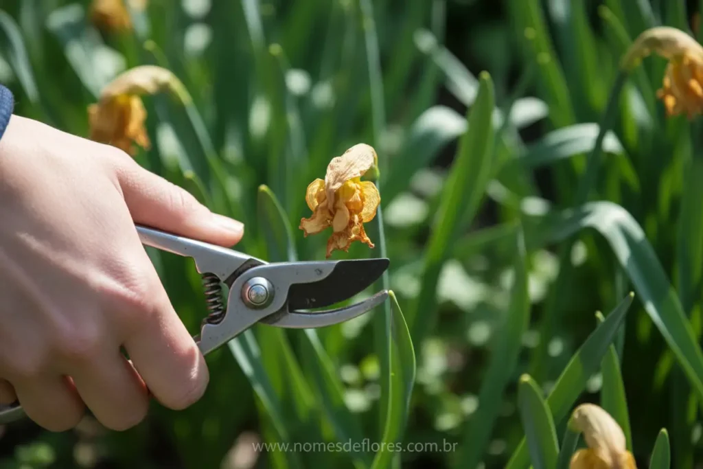 Poda correta de flores murchas de Narciso com tesoura.
