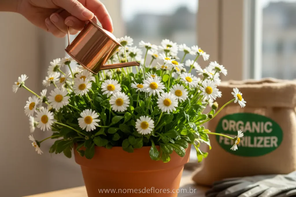 Guia de rega e poda para manter a Margarida saudável.