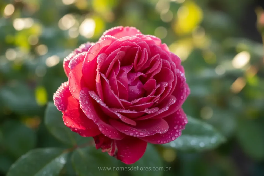 Rosa Damascena coberta por orvalho matinal em um jardim