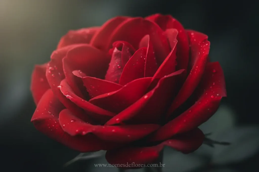Rosa vermelha orvalhada, símbolo universal de amor.