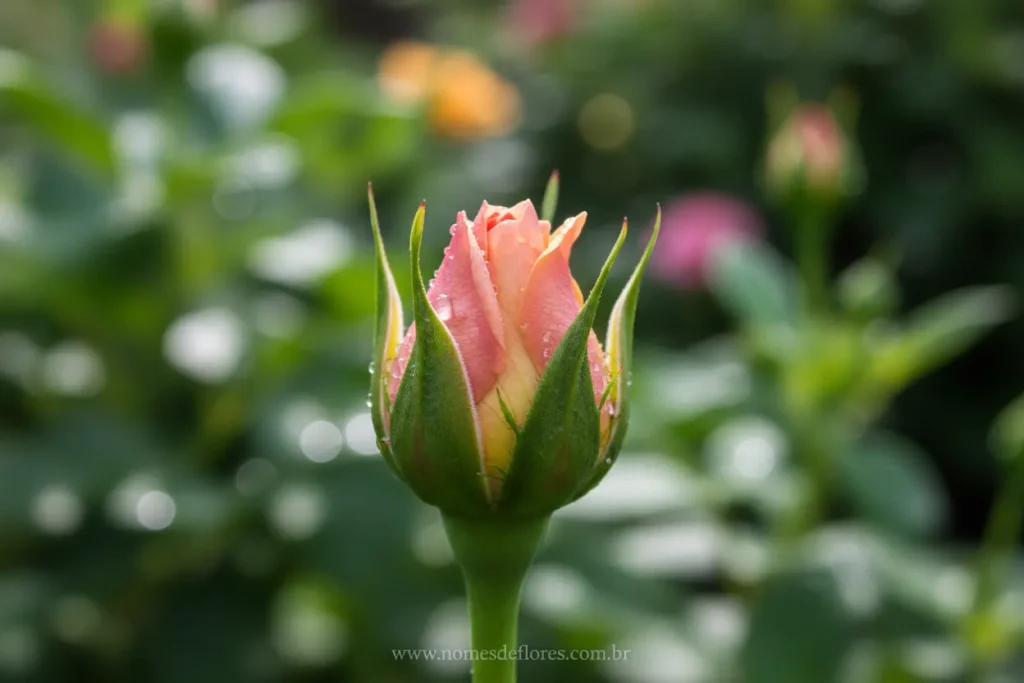 Sépalas e pétalas protegendo botão floral verde e rosa