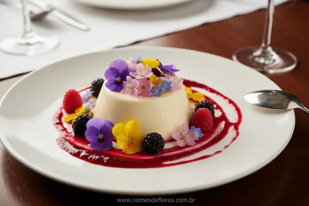 Sobremesa gourmet decorada com flores comestíveis.