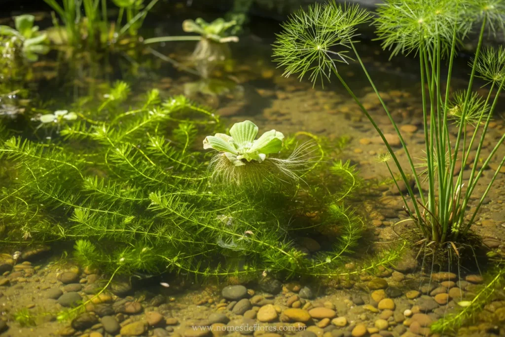 Tipos de plantas aquáticas: submersas, flutuantes e emersas.