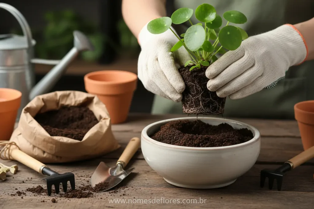 Mãos transplantando cuidadosamente uma muda de planta para um vaso maior