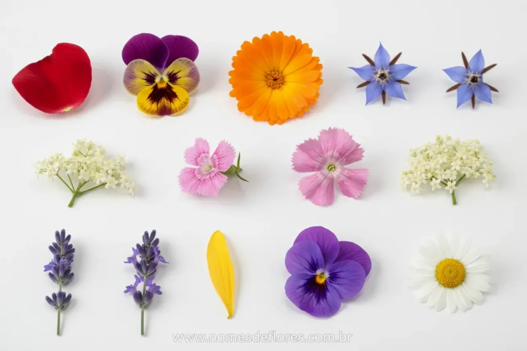 Variedade colorida de flores comestíveis e frescas.