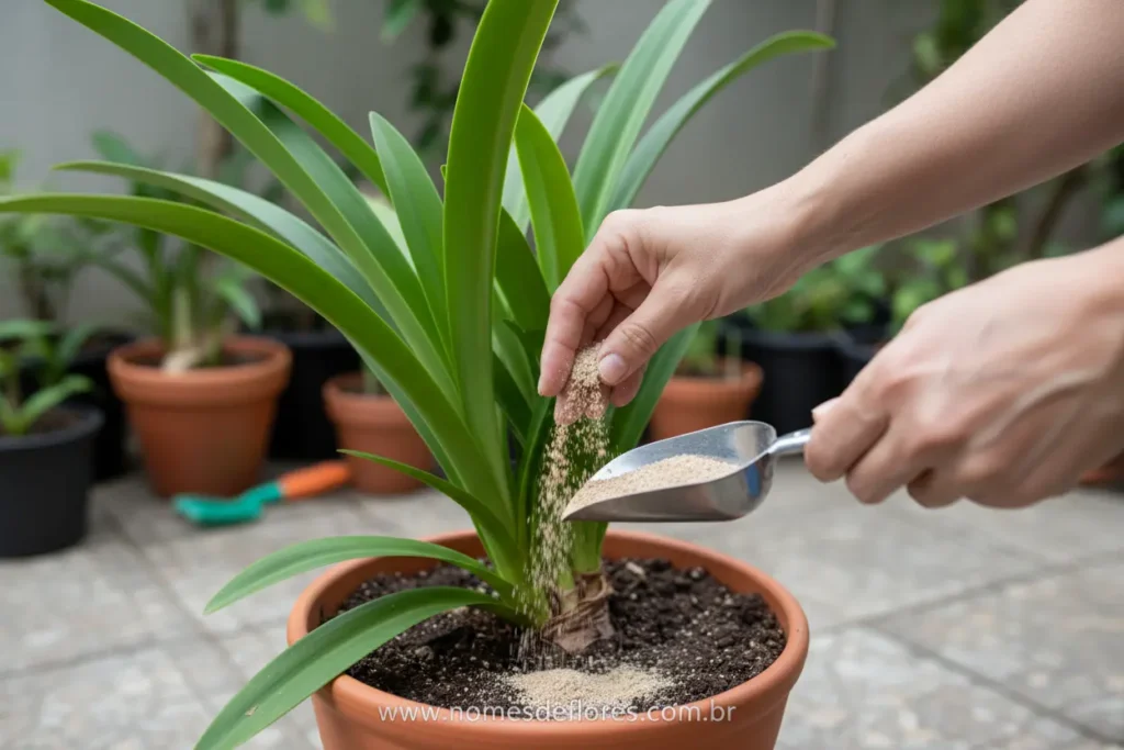 Aplicação de fertilizante para Amarilis em vaso.
