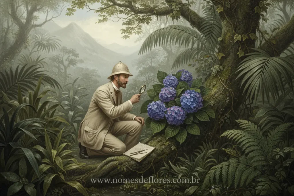 Botanista estudando a origem geográfica e histórica da hortênsia.