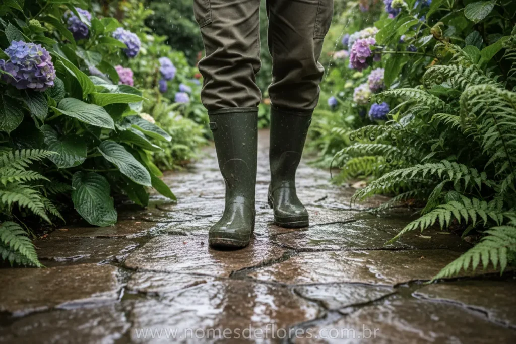 Botas resistentes protegem os pés do jardineiro.
