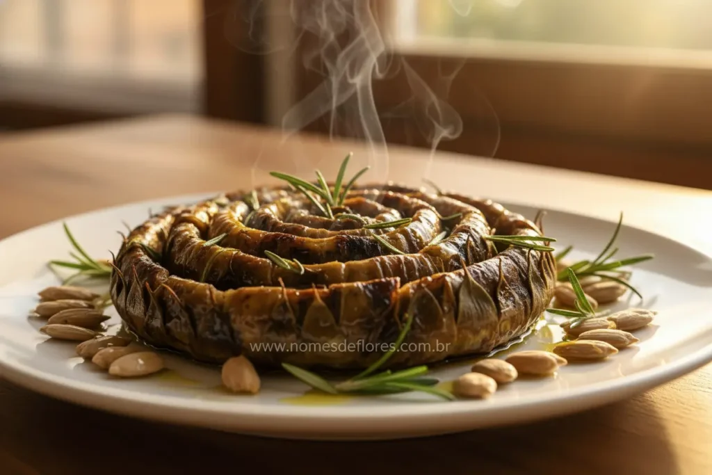 Botões jovens de girassol grelhados, temperados com azeite e ervas.