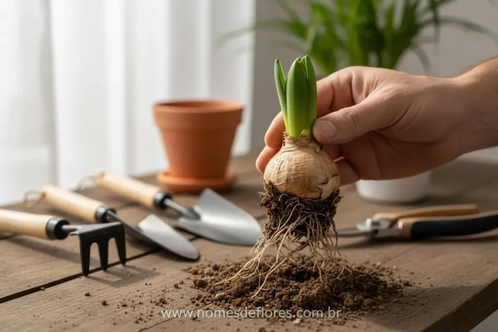 Bulbo de jacinto saudável pronto para o plantio no outono.