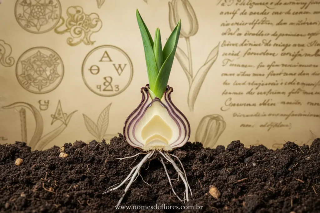 Bulbo de tulipa em corte mostrando camadas e simbolismo