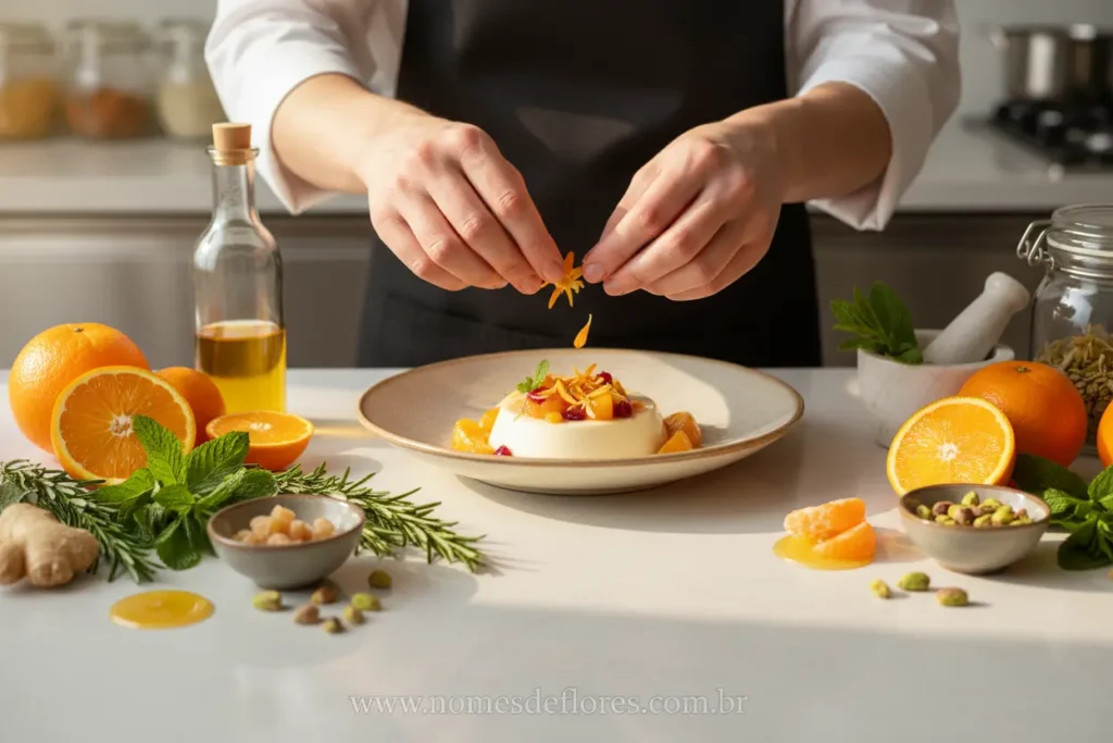 Chef utilizando flor de laranjeira para aromatizar prato