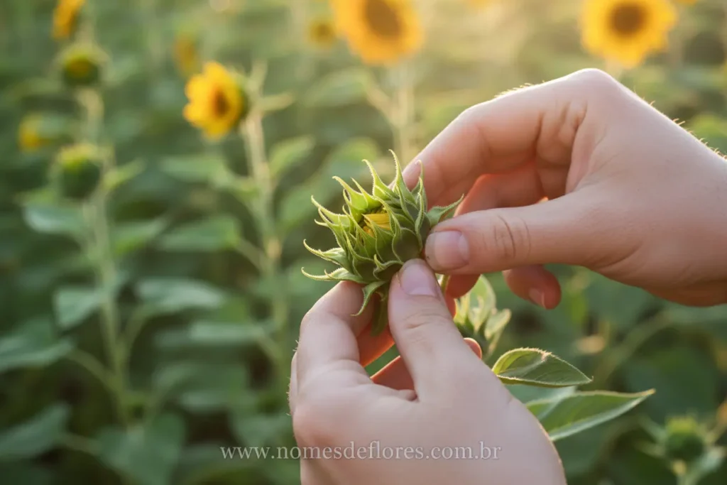 Instruções de colheita da flor de girassol orgânico para uso culinário.