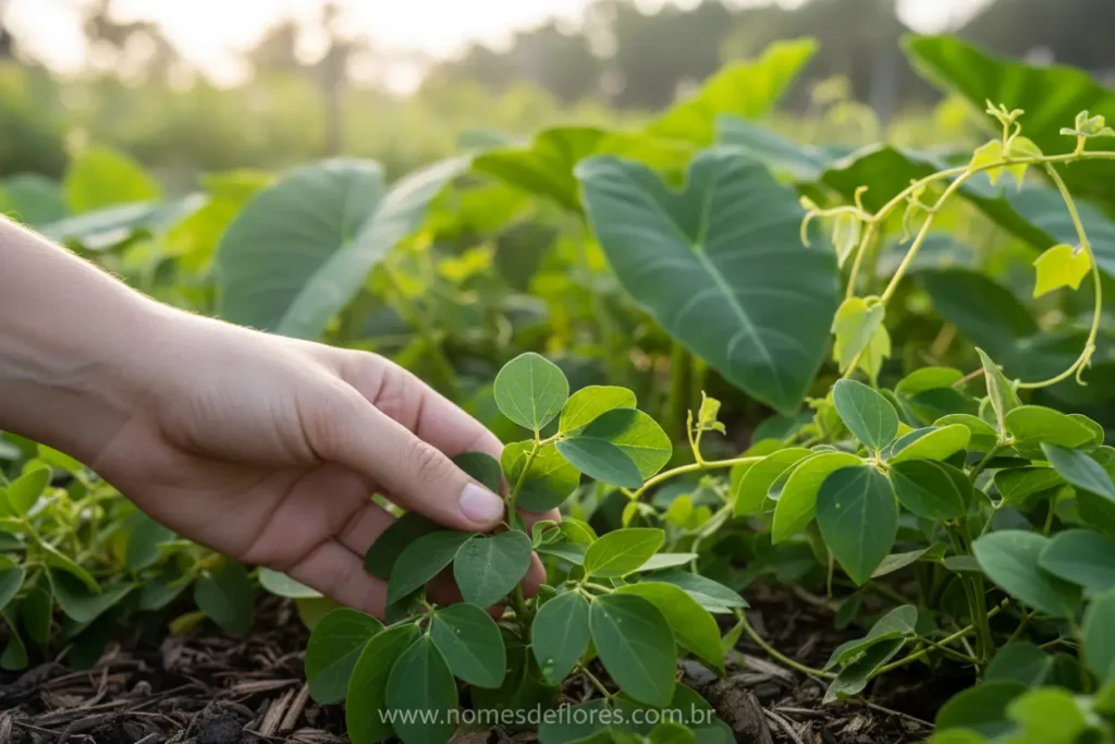 Colheita de ora-pro-nobis em jardim caseiro.