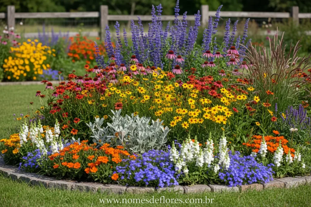 Combinação harmoniosa de flores coloridas em jardim ensolarado
