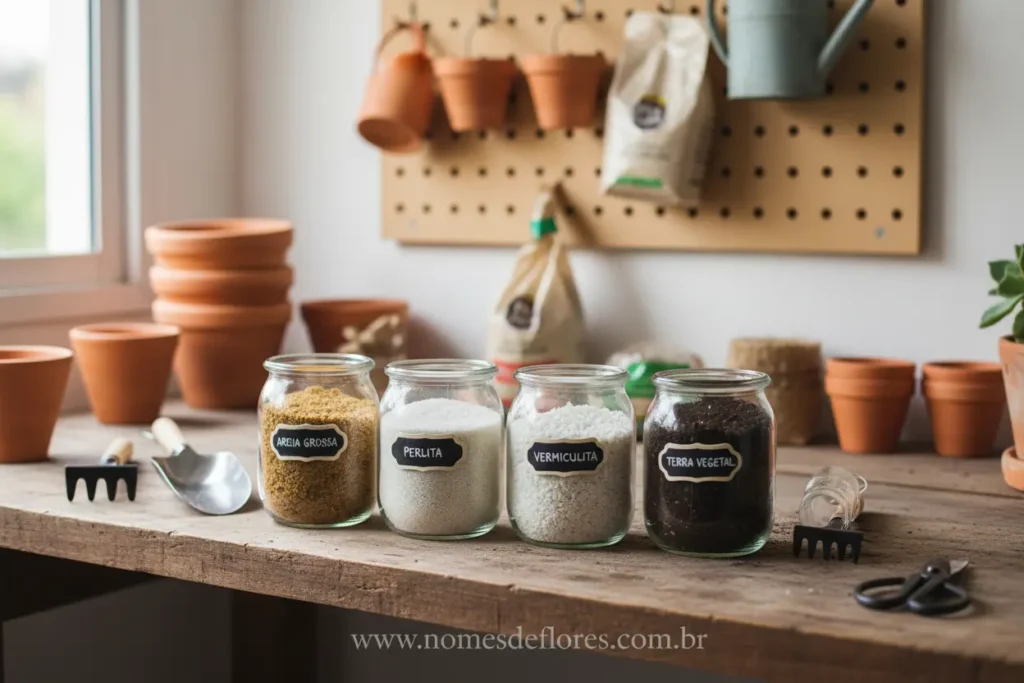 Diversos componentes inorgânicos para substrato de suculentas.