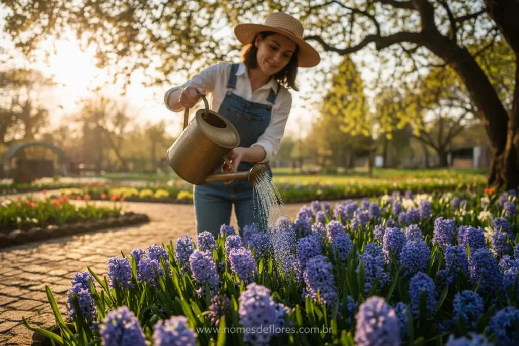 Pessoa regando jacintos em vasos com cuidado e atenção para o solo.