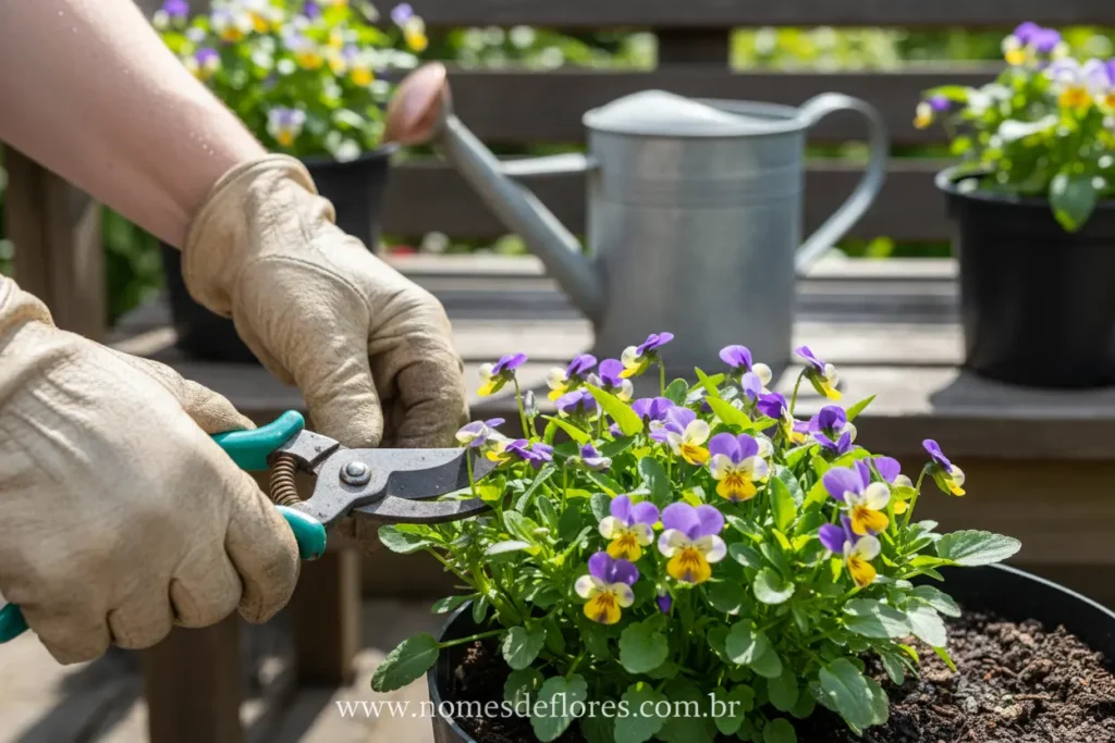 Cuidados essenciais de rega e poda do Amor-perfeito