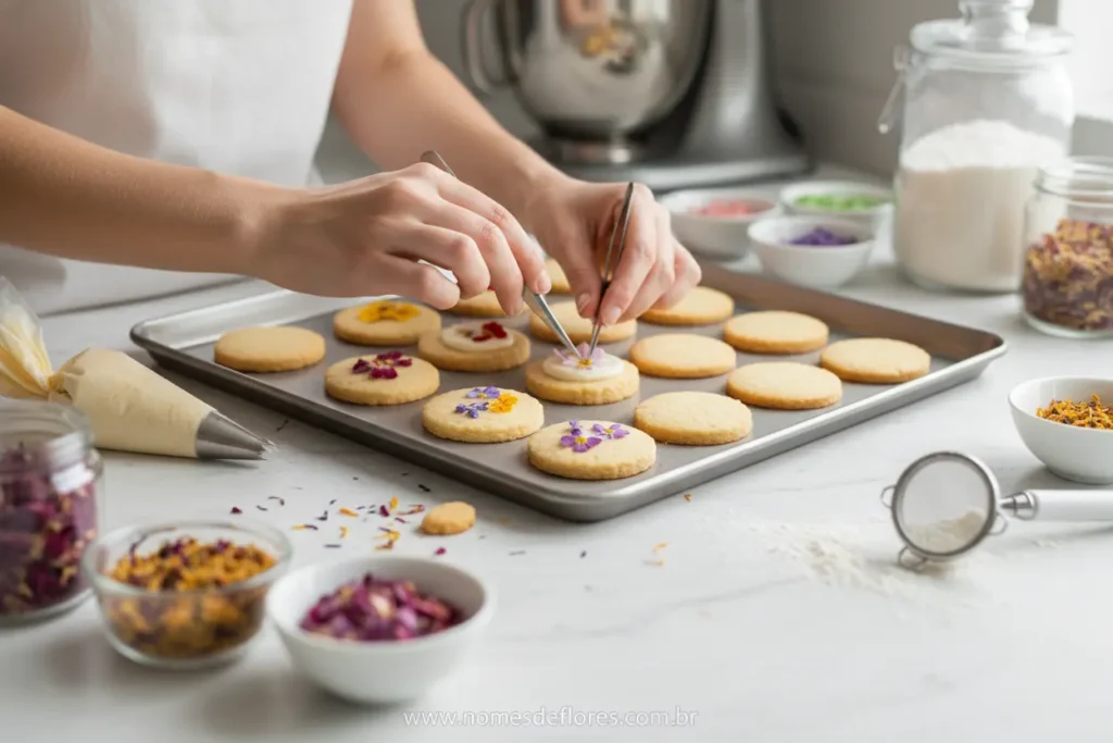 Biscoitos amanteigados decorados com flores comestíveis