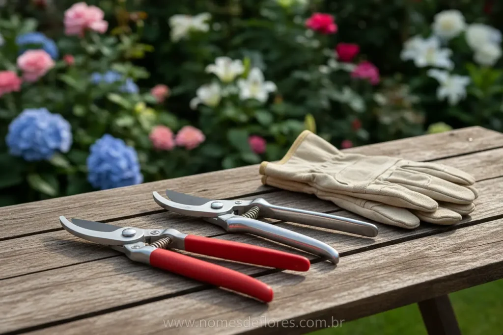 Ferramentas de jardinagem limpas e esterilizadas para poda