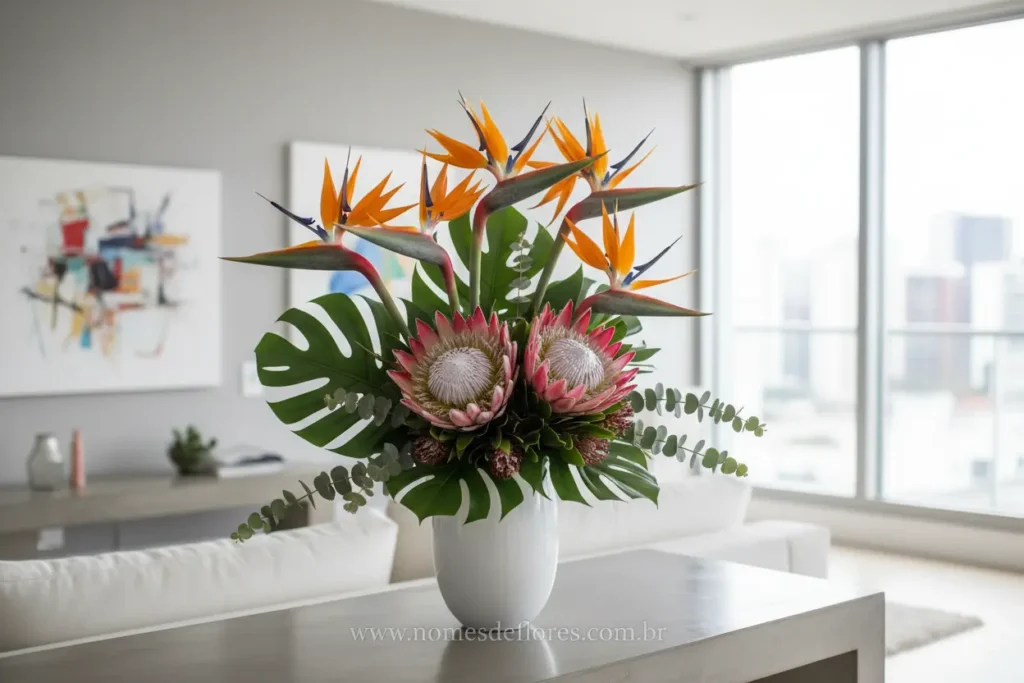 Arranjo com strelitzias, proteas e antúrios coloridos.