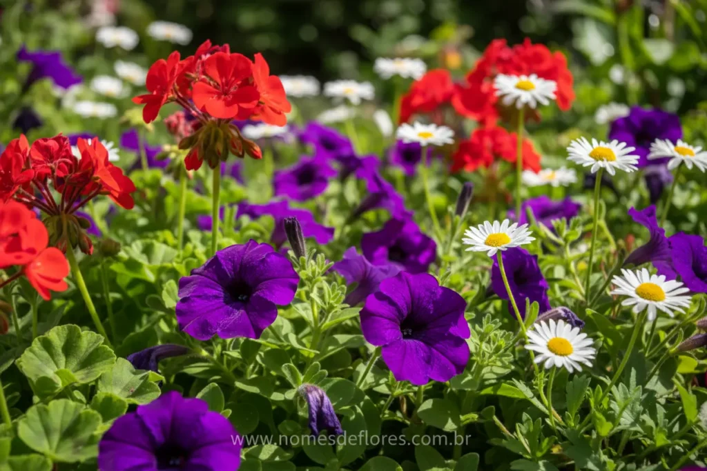 Flores de primavera e verão vibrantes no jardim.