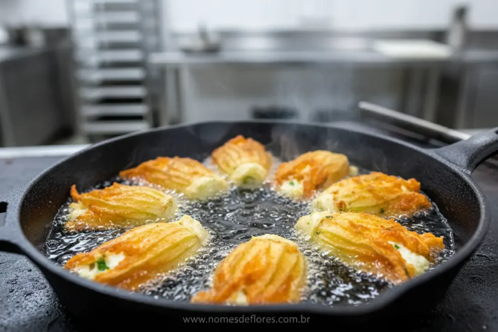 Fritando flores de abobrinha recheadas em óleo.